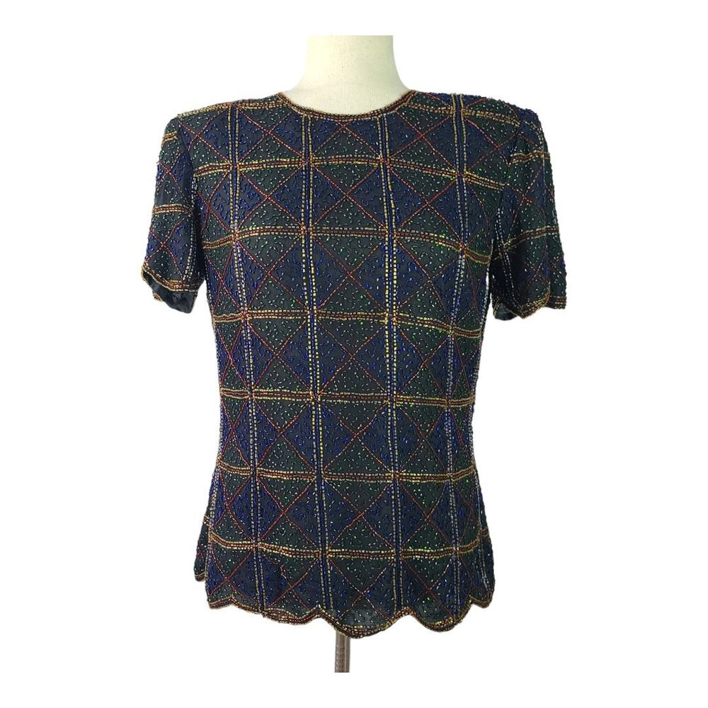 Stenay Black Blue Green Red Gold Silk Beaded Lined Vintage Top Shirt M